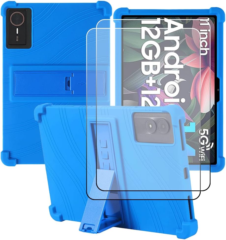 Compatible for BNCF Bpad Mini AD8Z 8.4 Inch Tablet Case + 2 Pcs Screen Protector Tempered Glass Film, Soft Silicone Full Coverage Adjustable Stand Protective Tablet Cover, Blue