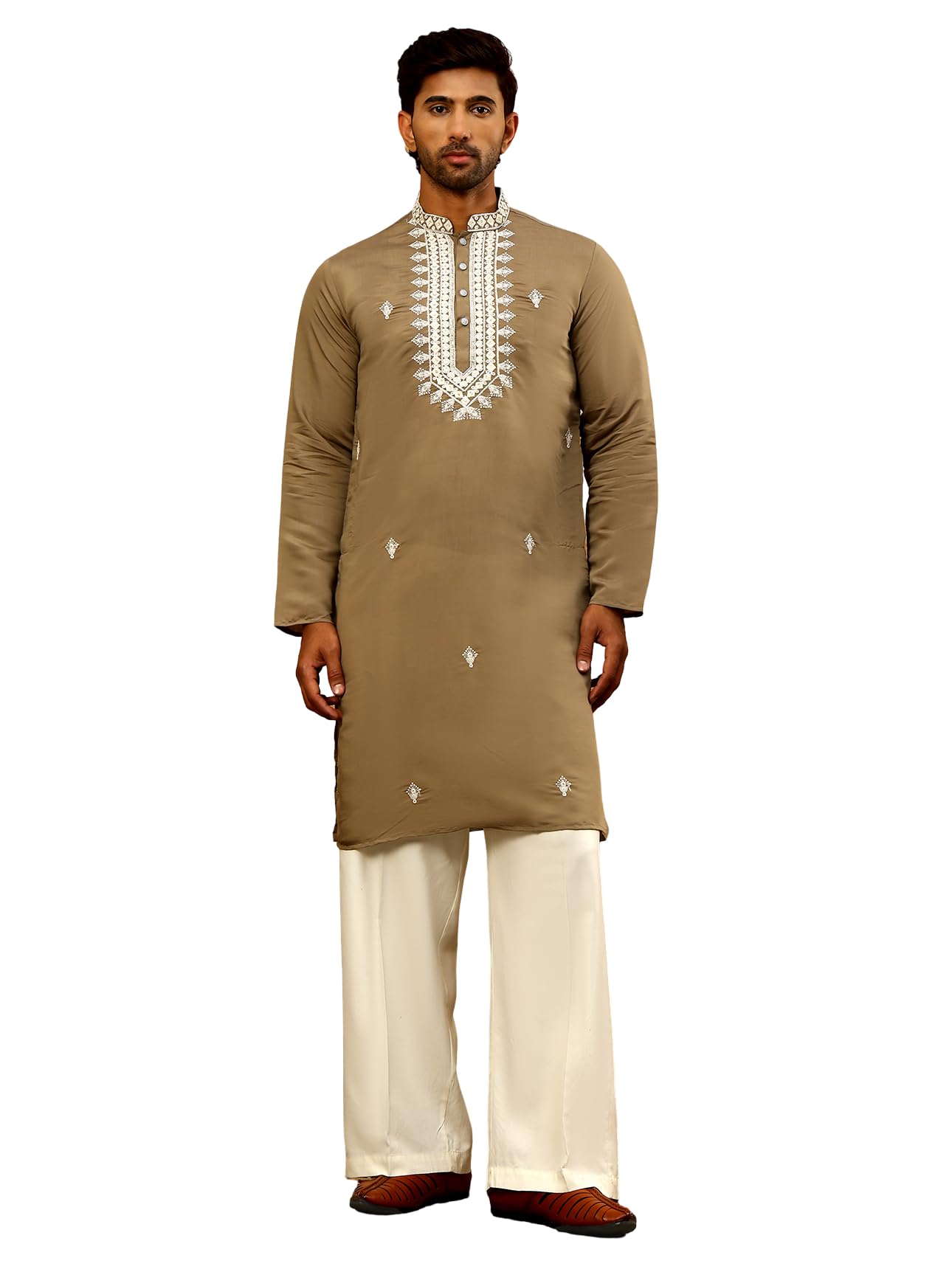 Silk Blend Embroidered Ethnic Kurta Pyjama Set (Beige, S)-image-36