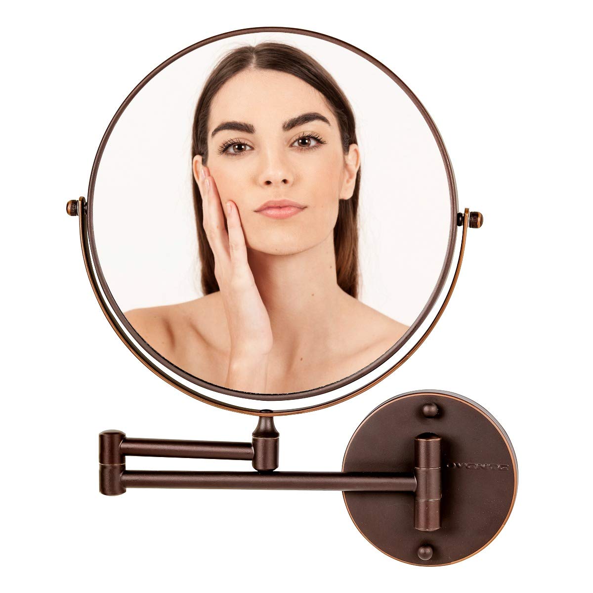 OVENTE9" Wall Mounted Makeup Mirror with 1X/7X Magnification, Double Sided Magnifying Round Bathroom Vanity Mirror, 360° Swivel Design, Extendable and Folding Arm, Antique Bronze MNLFW90ABZ1X7X