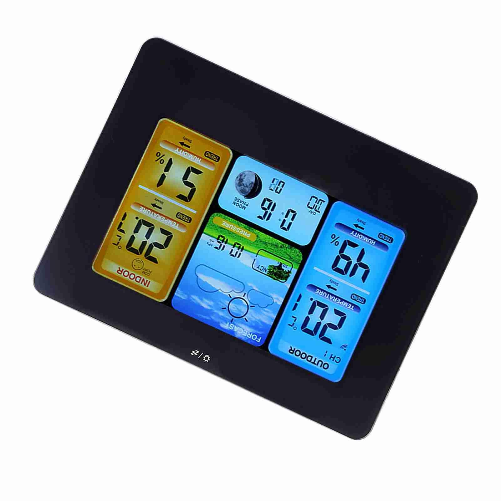 Ejoyous Drahtlose Wetterstation, Digitale Wetterstation aus Beschichtetem Glas mit Innen- und Außenthermometer, Farbdisplay, Wettervorhersagealarm Mondphase, für den Schreibtisch Zur Wandmontage zu