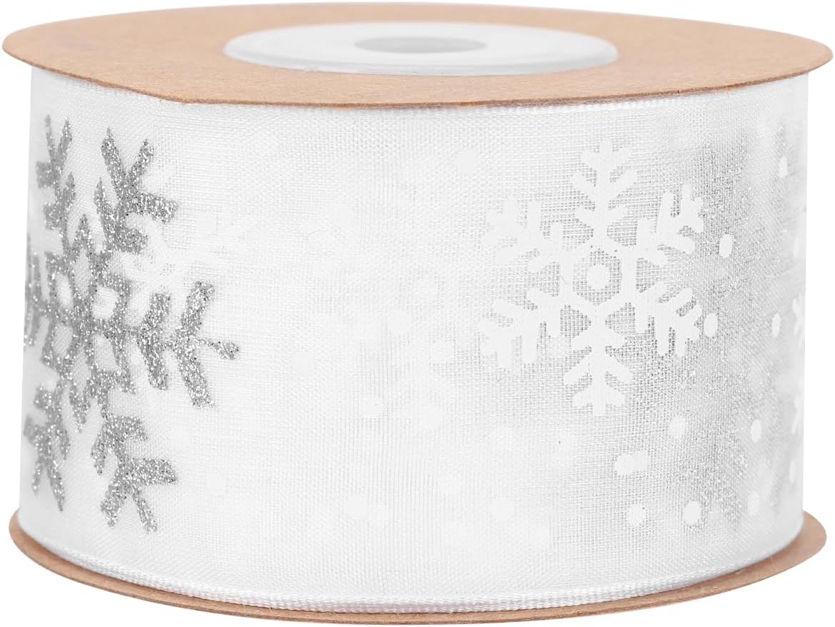 Roll of Christmas Ribbon Snowflake Ribbon for Christmas Tree Wrapping Decoration White Holiday Party for DIY Craft (38mm Wide 10 Yard)