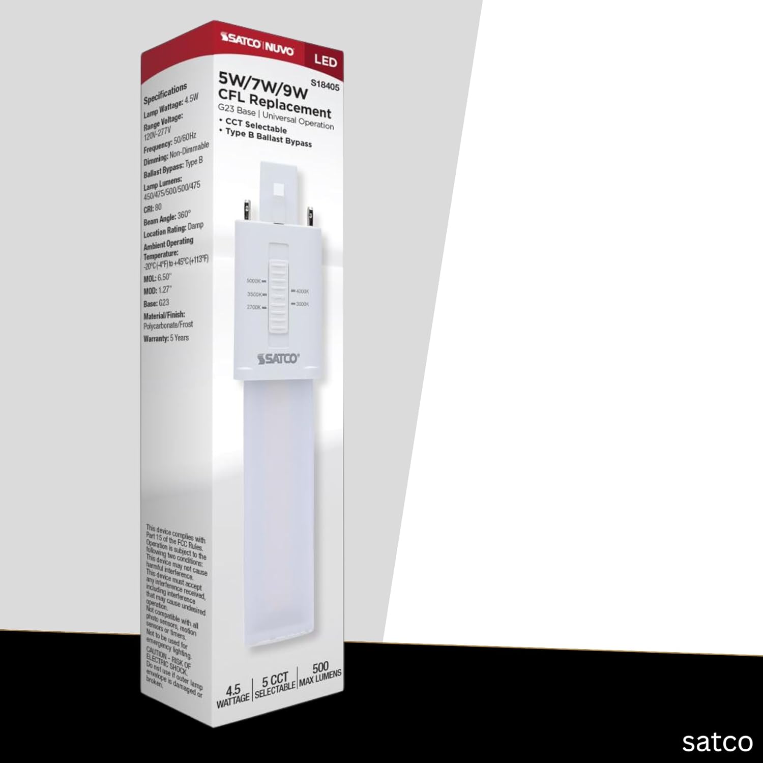 Satco LED PL Lamp 4.5W G23 Base 5W/7W/9W CFL Equivalent 5CCT Selectable 2700K–5000K Ballast Bypass Non-Dimmable 120-277V Frost Finish – Part S18405 (2 Pack)