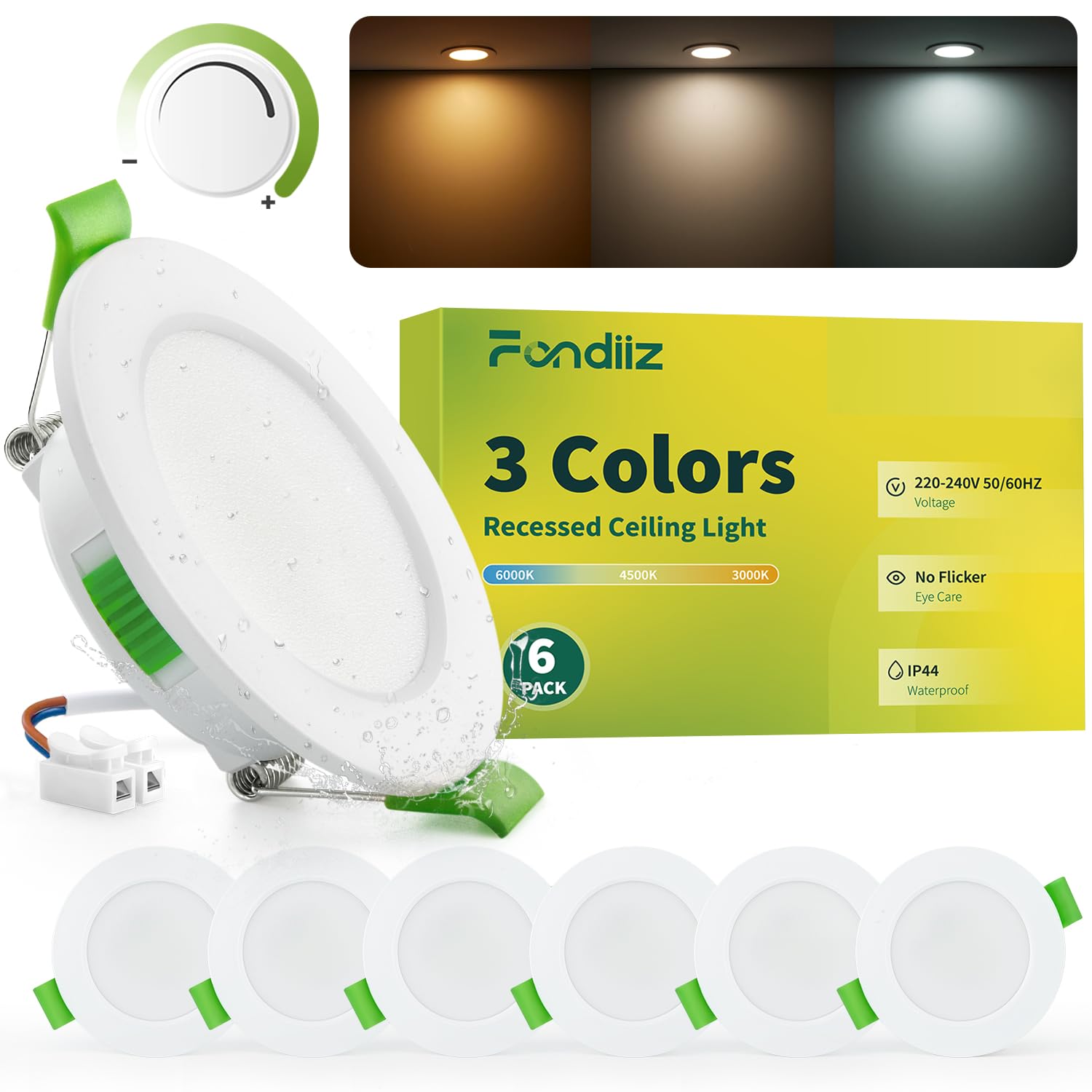 Fondiiz LED Einbaustrahler 230V Dimmbar 55mm - 68mm Lochmaß, 3.5W 340LM LED Spots Warmweiß 3000K Neutralweiß 4500K Kaltweiß 6000K, IP44 Deckenspots led Ultra Flach Für Badezimmer Küche, 6er Set