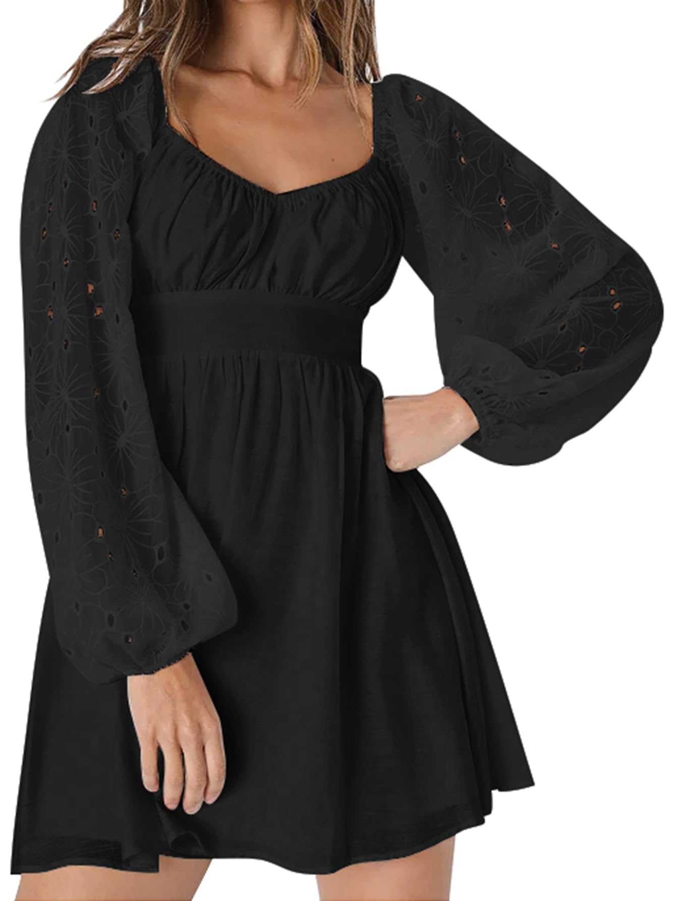 Womens Lace Mini Fall Dress Long Sleeve Sweetheart Neckline A Line Flowy Cocktail Party Wedding Guest Dresses