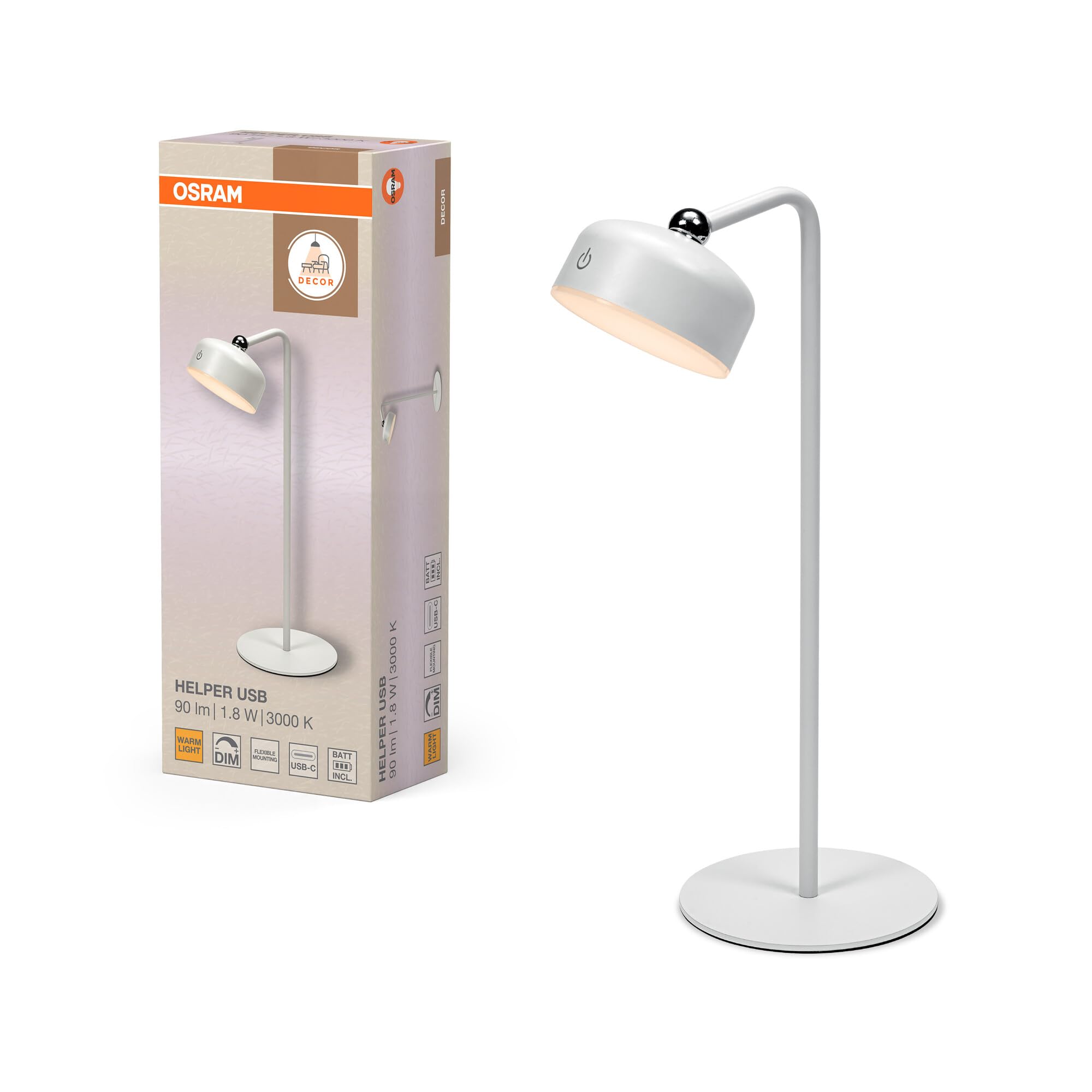 Luminaire LED Osram blanc 3000K 100lm dimmable tactile rechargeable avec batterie USB IP20