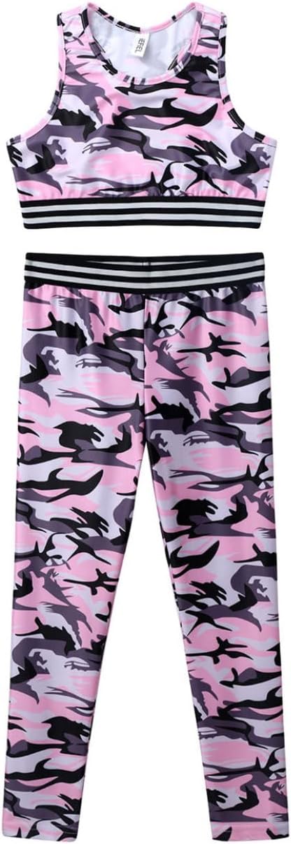 Kids Girls Camo Printed 2 Pcs Gymnastics Tracksuits Racer Crop Top with Leggings Dance Outfit