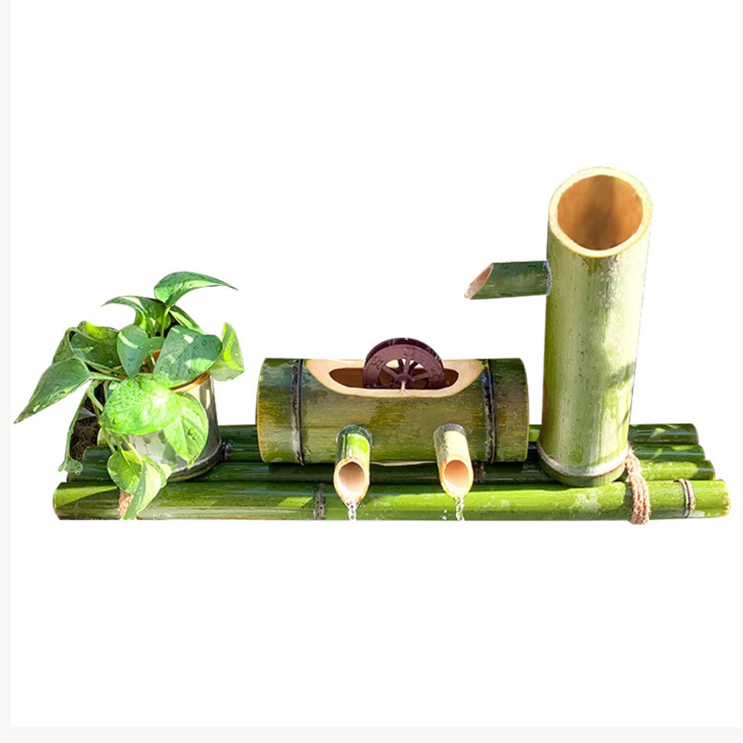 Relaxing Tabletop Waterfall Fountain, Handcrafted Bamboo Water Fountain with Water Wheel, Natural Bamboo Decor for Indoor and Outdoor Garden Fountain,40cm