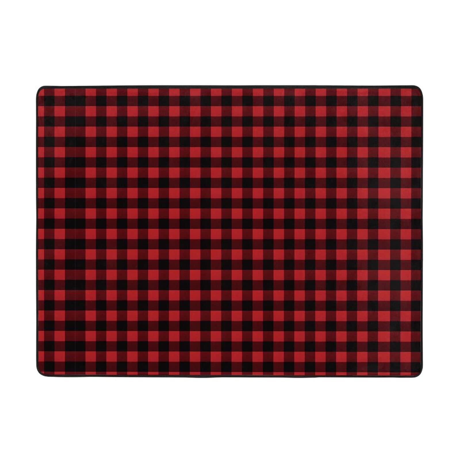 Tapete antideslizante de franela con patrón de cuadros rojos y negros de 63 x 48 pulgadas, tapetes para puerta delantera y trasera para interiores y exteriores