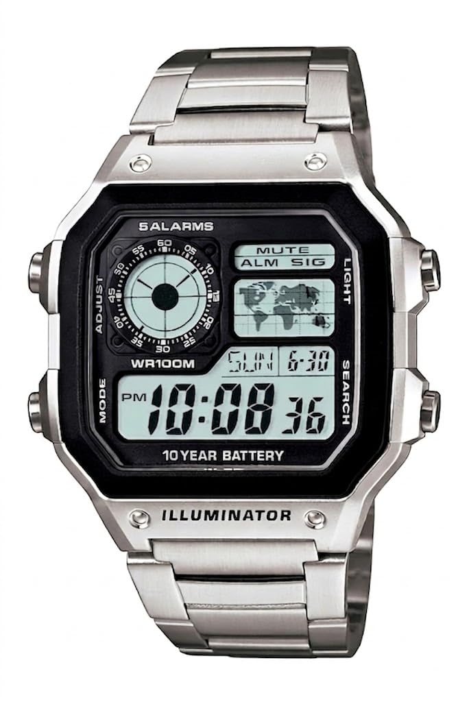 Anjalikpkul Youth Digital Watch D099 AE-1200WHD-1AVDF for Men & Boys, Black Digital Dial with Silver Metal Strap, Multifunction Display, World Time Style