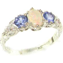 Ladies Solid Sterling Silver Natural Opal & Tanzanite English Victorian Trilogy Ring