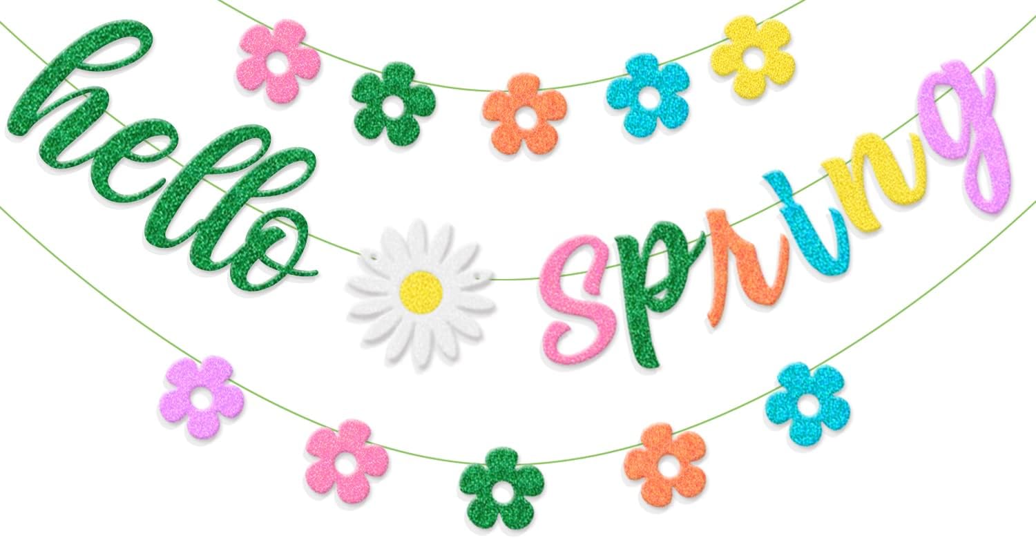 Hello Spring Banner, Colorful Glitter Spring Flower Banner Garland, Spring Party Decorations for Spring Easter Indoor Outdoor Home Mantel Fireplace Hanging Décor