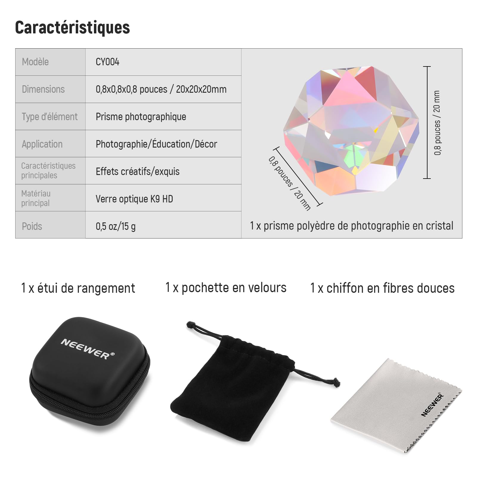 NEEWER Prisme Polyèdre Cristal K9 de 20mm, Cube en Verre Optique Couleur HD, Prisme à Dispersion RGB, Prisme Optique à Facette pour Photographie,Décoration,éducation Physique du Spectre Lumineux,CY004