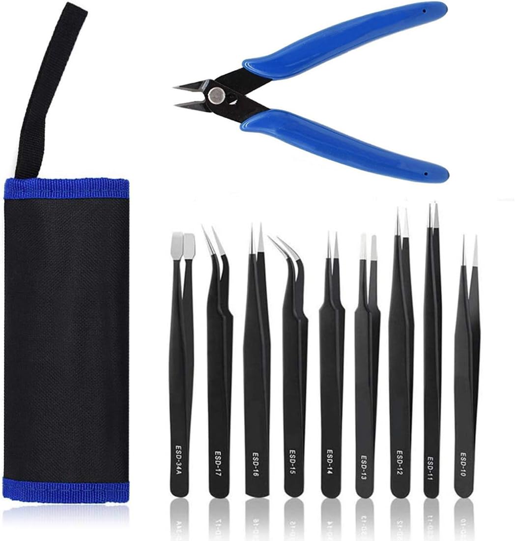 9-Piece ESD Tweezers Kit & 1pc Micro Wire Cutter, Precision Anti-Static Curved Point Tweezers Tool Set for Modelling,Electronics Repair,Crafting,Laboratory,Jewelry-Making