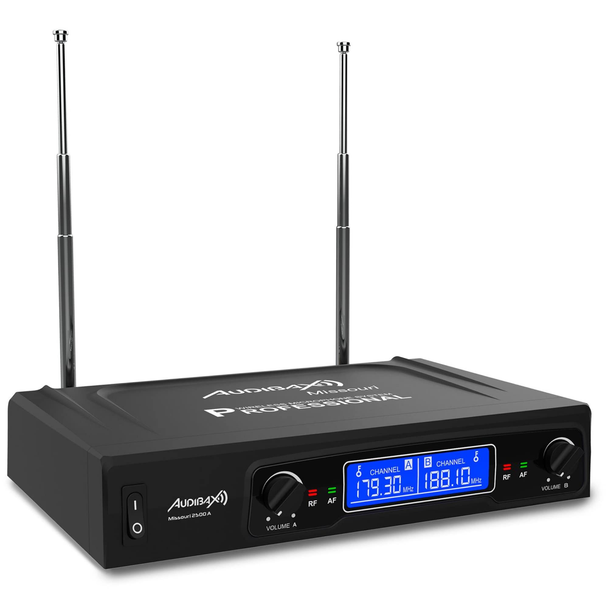 Audibax Missouri 2500 - Système de microphones sans Fil VHF Double-Cravate - Microphones sans Fil Madonna Fréquence-À - Indicateurs du Système RF/AF - Sortie XLR Connecteurs et des Auxiliaires