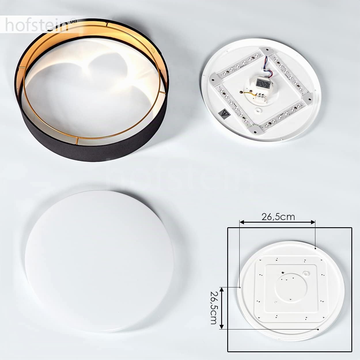 HOFSTEIN LED Deckenleuchte Elsa, moderne Deckenlampe aus Metall/Stoff/Kunststof in Schwarz/Goldfarben/Weiß, Leuchte mit Stoffschirm Ø 38 cm, 2100 Lumen, 3000 Kelvin, 24 Watt, Wohnzimmer, Schlafzimmer