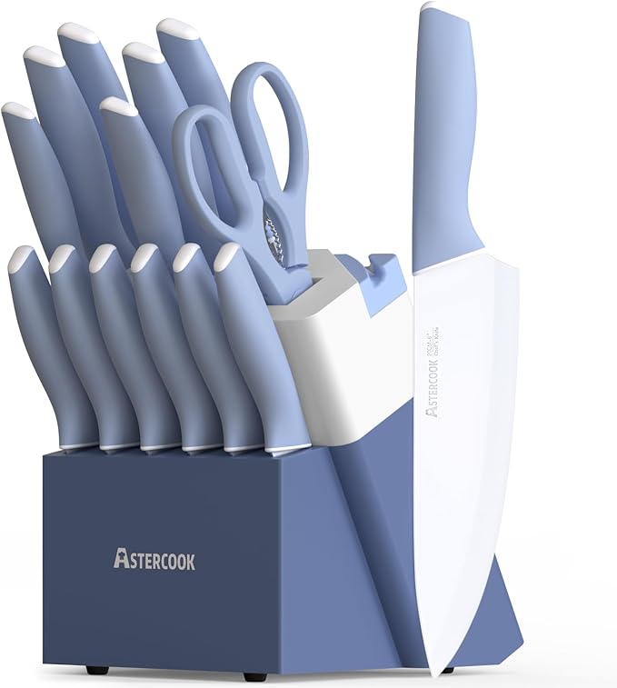 Astercook Knife Set, Kitchen Knives with Block and Sharpener Ceramic Coating 15 Pcs German Stainless Steel Knives Sharp Blade Dishwasher Safe Kitchen Utensils Set with Ergonomic Handle, Elegant Black