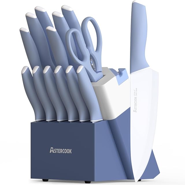 Astercook Kitchen Knife Set with Block and Sharpener 15 Piece Ceramic Coating German High Carbon Stainless Steel Knives