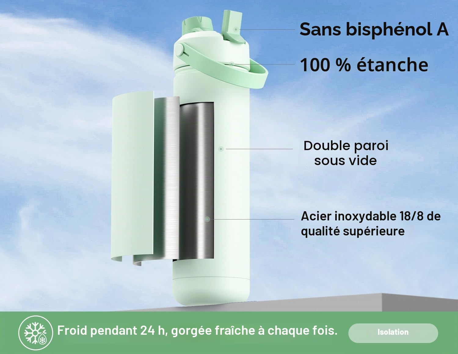 POWCAN Bouteille d'eau isotherme de 760 ml avec paille 2 en 1 et couvercle à bec verseur, garde au froid 24 h, anti-fuite, sans BPA, bouteille d'eau à double paroi en acier inoxydable pour sport, gym,