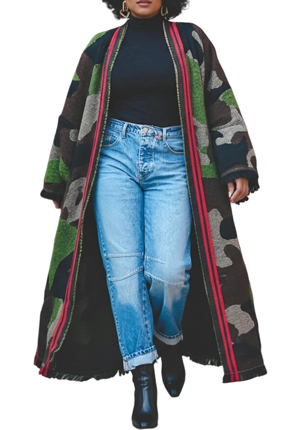 Seltaon Camo Long Cardigan Sweaters for Women Open Front Fall Knit Camouflage Cardigans Sweater Coat Outwear Plus Size