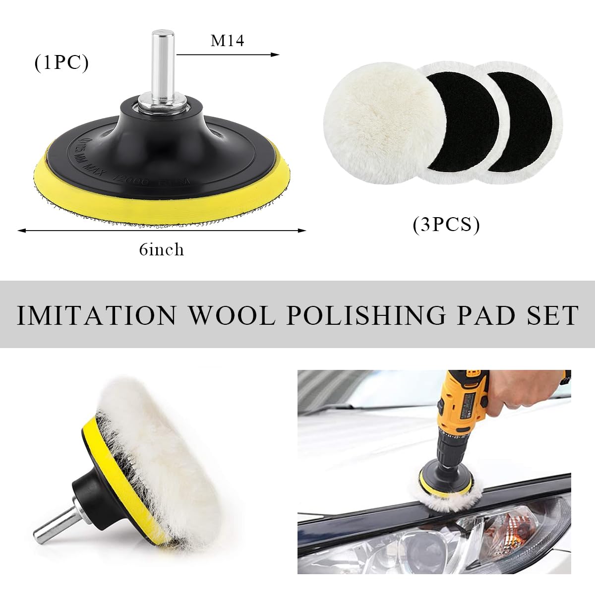 Yourkar Almohadilla de pulido de lana para coche, rueda de pulido automático con gancho trasero, kit de herramientas de almohadillas pulidoras de coche con adaptador de taladro M10, accesorios
