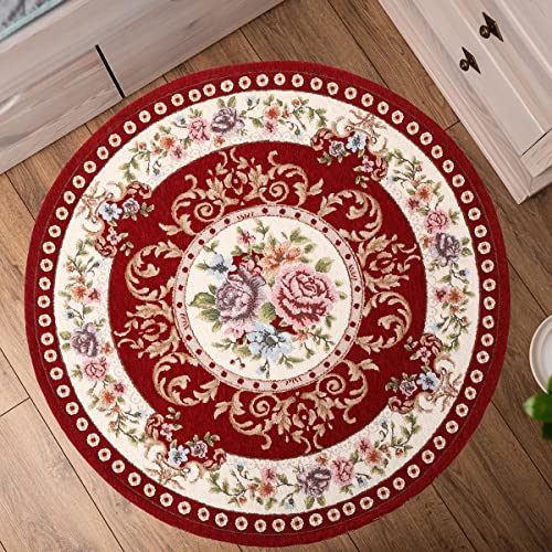Tyrafry 4Ft Floral Round Area Rug Classic Non-Slip Machine Washable Room Mat Durable Kitchen Rug Traditional Area Rug For Living Room, Red #TOP1