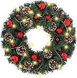 Guirlanda de Natal Decorativa, 30 cm, 20 LEDs Brancos Quentes, com Pinhas e Bolas Vermelhas, 3 Metros de Fio (Vermelho)