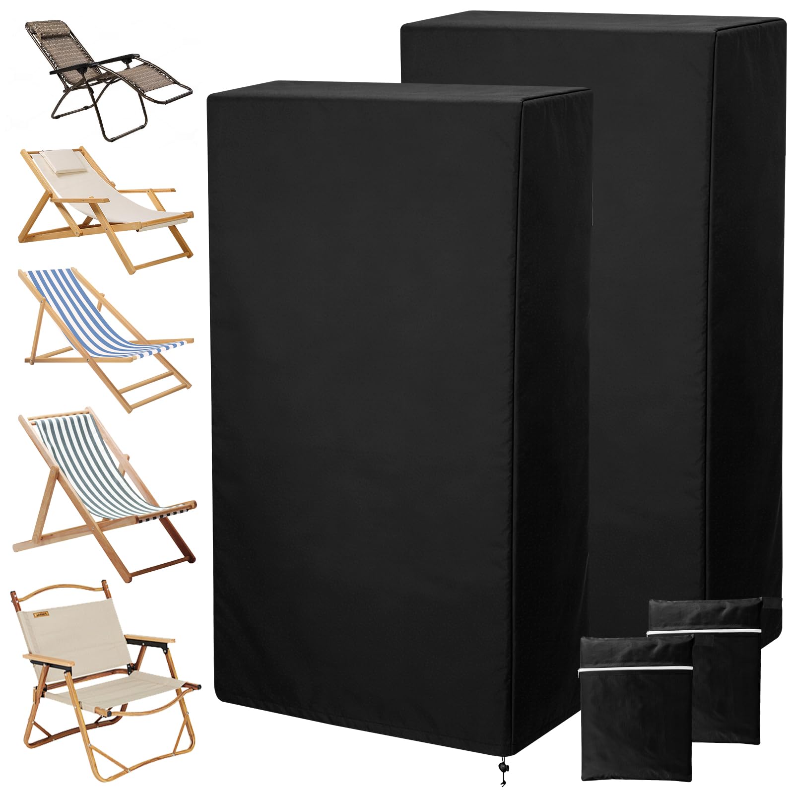 2 Pack Garden Chair Covers Waterproof Folding Recliner Chair Cover,71 x 110cm Oxford Cloth Anti-UV Dustproof Folding Reclining Chairs Cover with Storage Bag for Outdoor Garden Patio(Black)