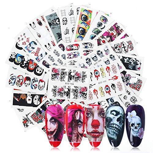 BFY Halloween Nail Stickers Halloween Nail Art Sticker Decals 25 Cool Designs Ghost Skull Clown Witch Water Transfer Nail Atr Foil Stickers for Day of the Dead Halloween Party Supply For Acrylic Nails