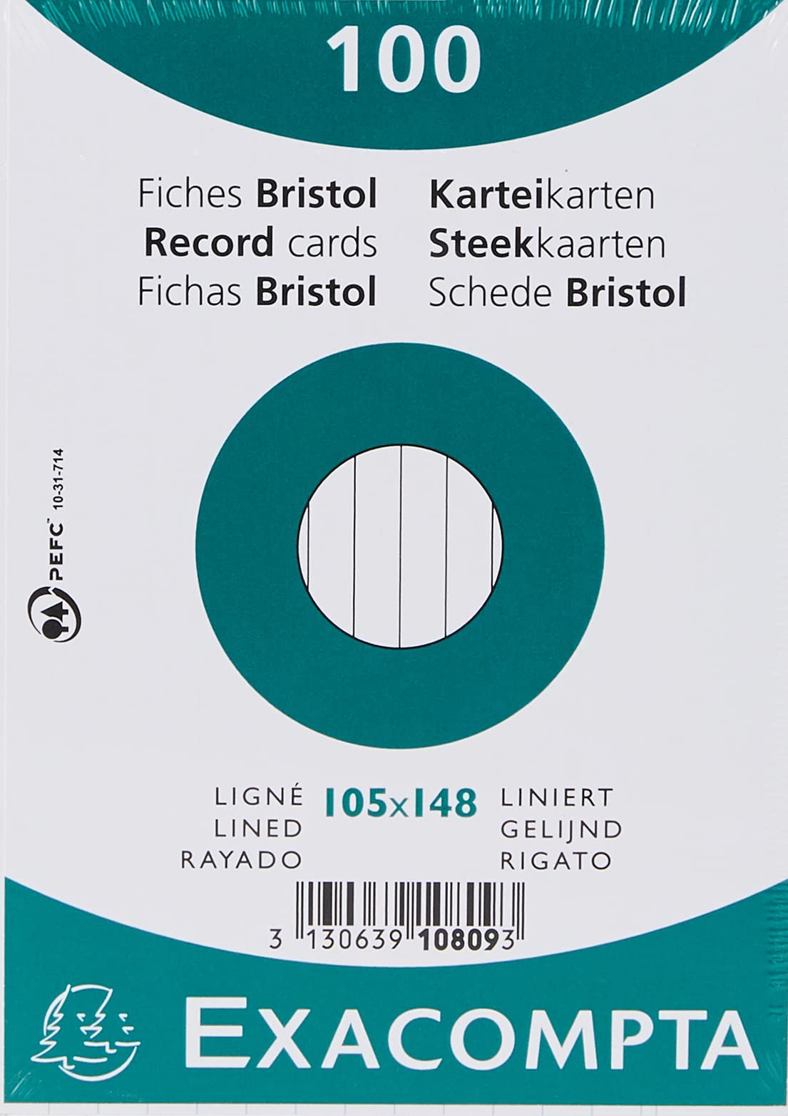Exacompta - Réf. 10809SE - Paquet de 100 fiches bristol lignées non perforées - sous film - compatibles avec imprimante jet d'en