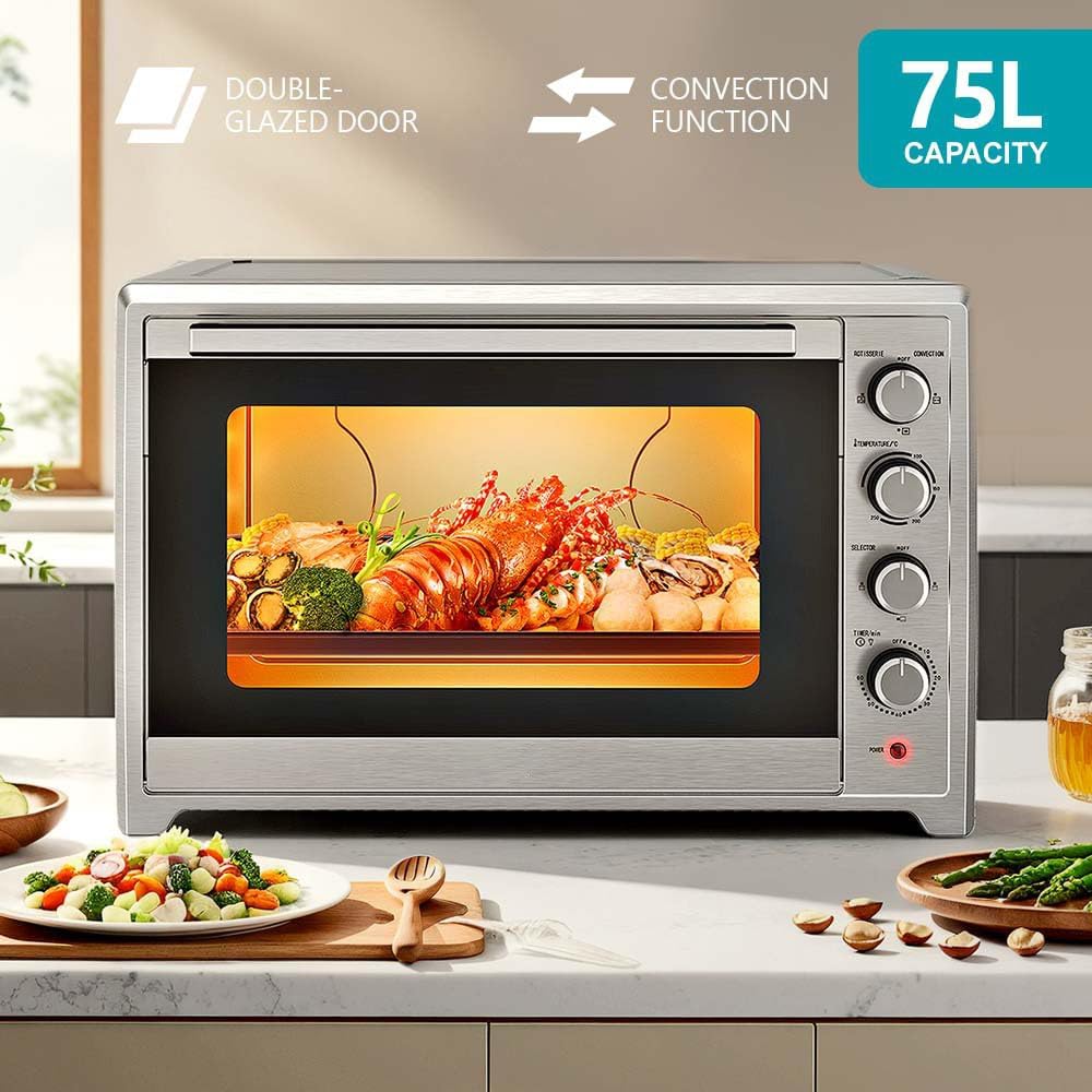 Large Countertop Convection Oven, Stainless Steel, 75L Capacity, Double Glazed Door, 25.39x18.82x16.57 Inch, with Baking Accessories
