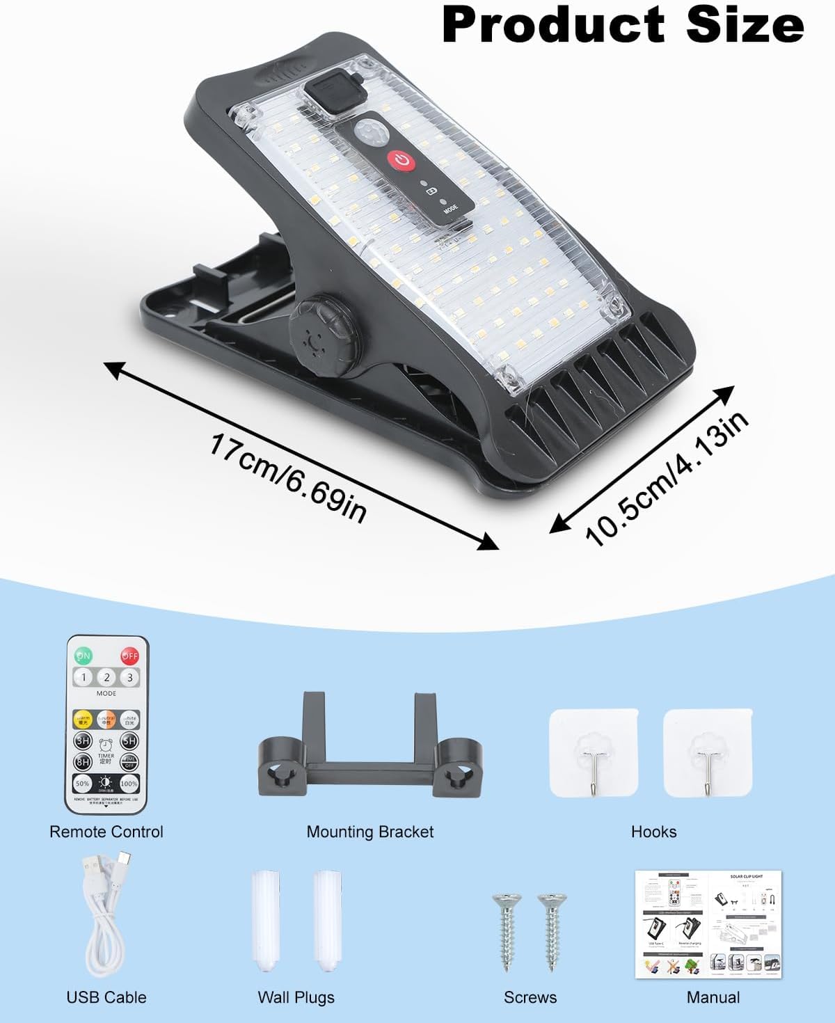 Luci solari per esterni, 4 pezzi di luci solari con clip con sensore di movimento, 70 LED, 3 temperature di colore, USB e telecomando, lampada solare impermeabile per recinzione