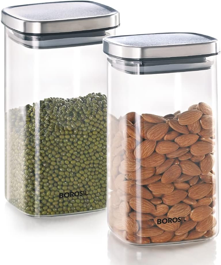 Borosil Classic Square Glass Jar, Air-Tight Storage Container for Kitchen, Glass Jar for Storing Spices, Dals, Grains, Rice, Set of 2 (1400 ml Each), Clear