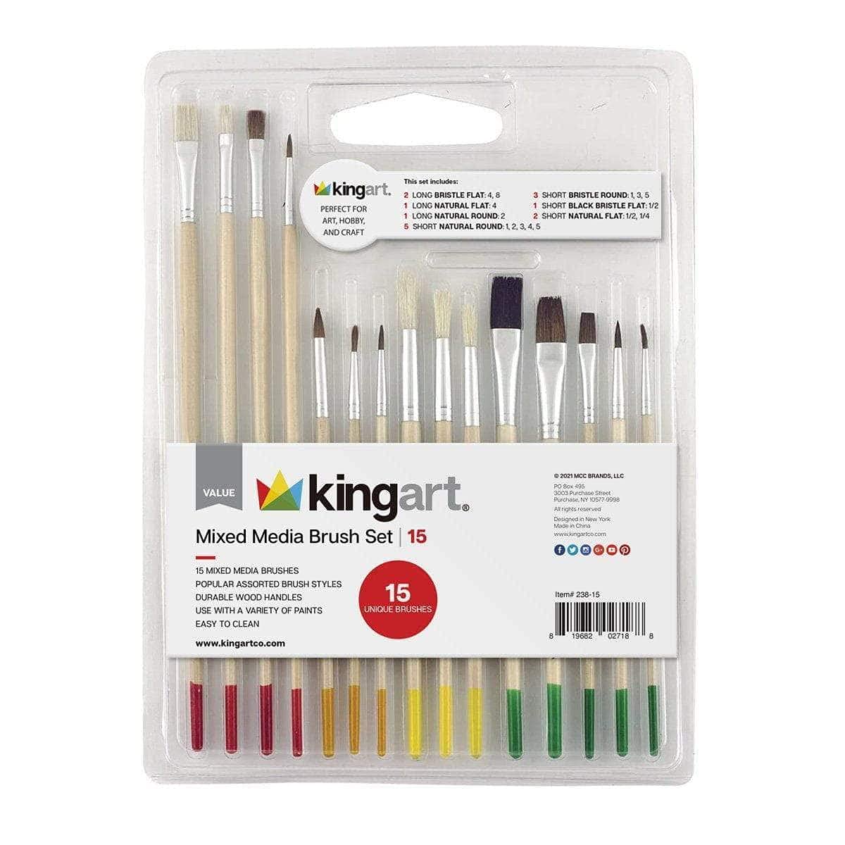 KINGART 238-15 All Purpose 15 Pc. Value Paint Brush Set, Assorted Shapes & Sizes, Synthetic & Natural Hair, Short Handle, for Oil, Acrylic & Watercolor Paint, Great for Crafts, Home Projects, Hobbies