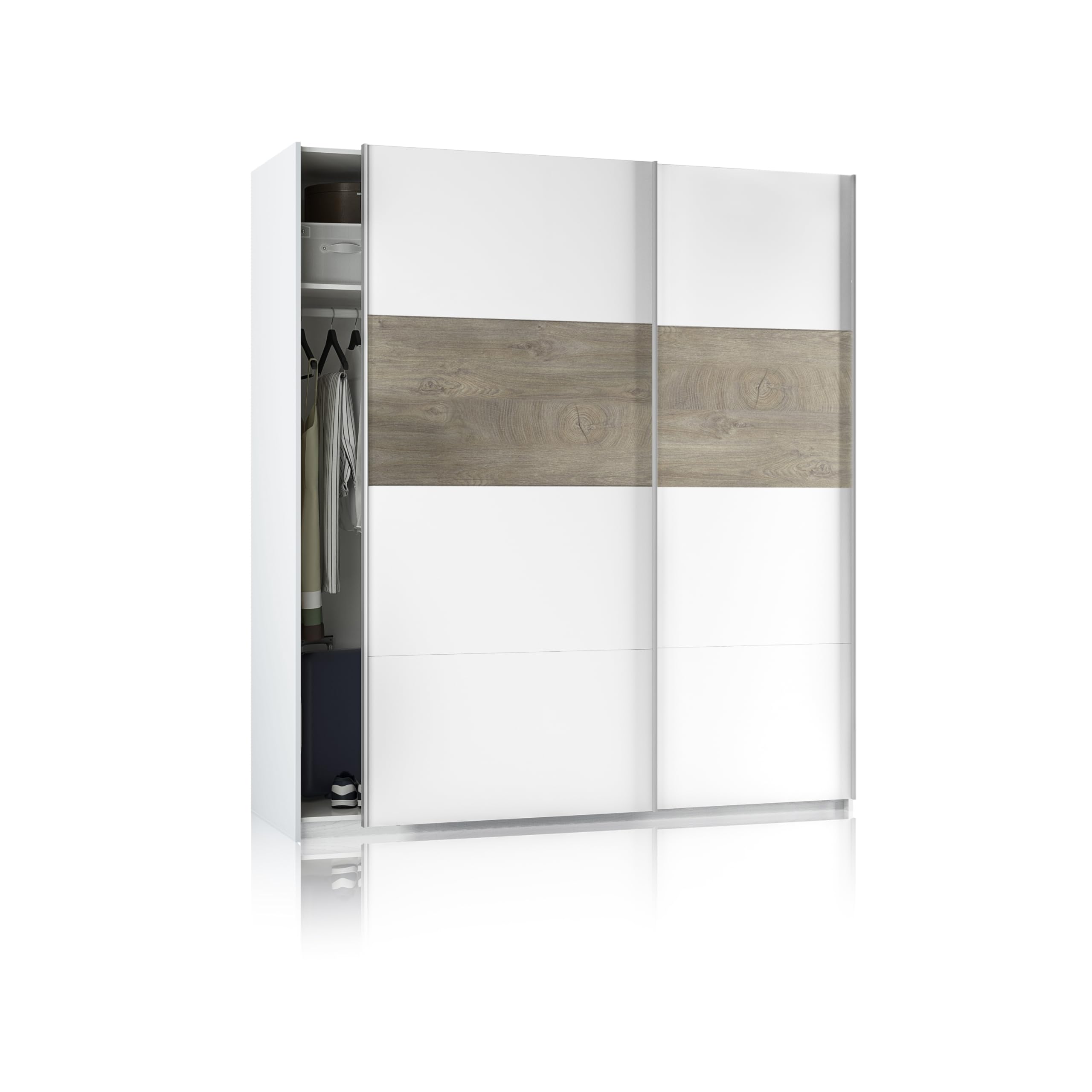 duehome | Armario 2 Puertas Correderas para Dormitorio o Habitación, Modelo Brike, Acabado en Blanco Artik y Roble Alaska, Medidas: 180 cm (Largo) x 200 cm (Alto) x 60 cm (Fondo)
