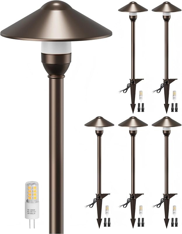 Iluminación de paisaje de bajo voltaje, paquete de 6, luces de camino de aluminio de 12 V con bombillas G4, luces de camino de sombra redondas de color bronce frotado con aceite impermeables con conectores para pasarela, jardín