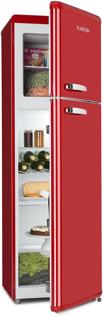 KLARSTEIN Audrey Retro - Retro Refrigerator-Freezer Combination, Fridge Freezer, Fridge and Freezer, Refrigerator, 194 L Refrigerator, 56 L Freezer, Economical and Environmentally Friendly, Red