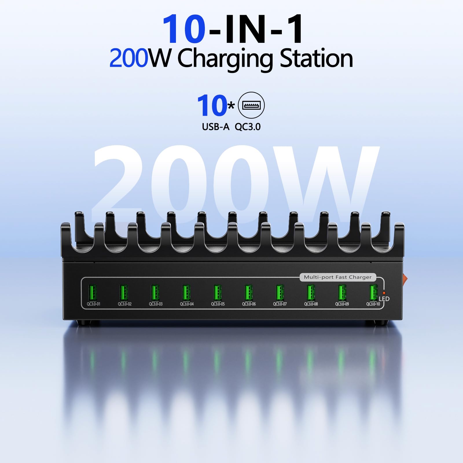 Estación de carga de 200 W para múltiples dispositivos, estación de carga rápida USB de 10 puertos, concentrador de estación de carga múltiple de escritorio compatible con Samsung/iPhone/iPad/Google