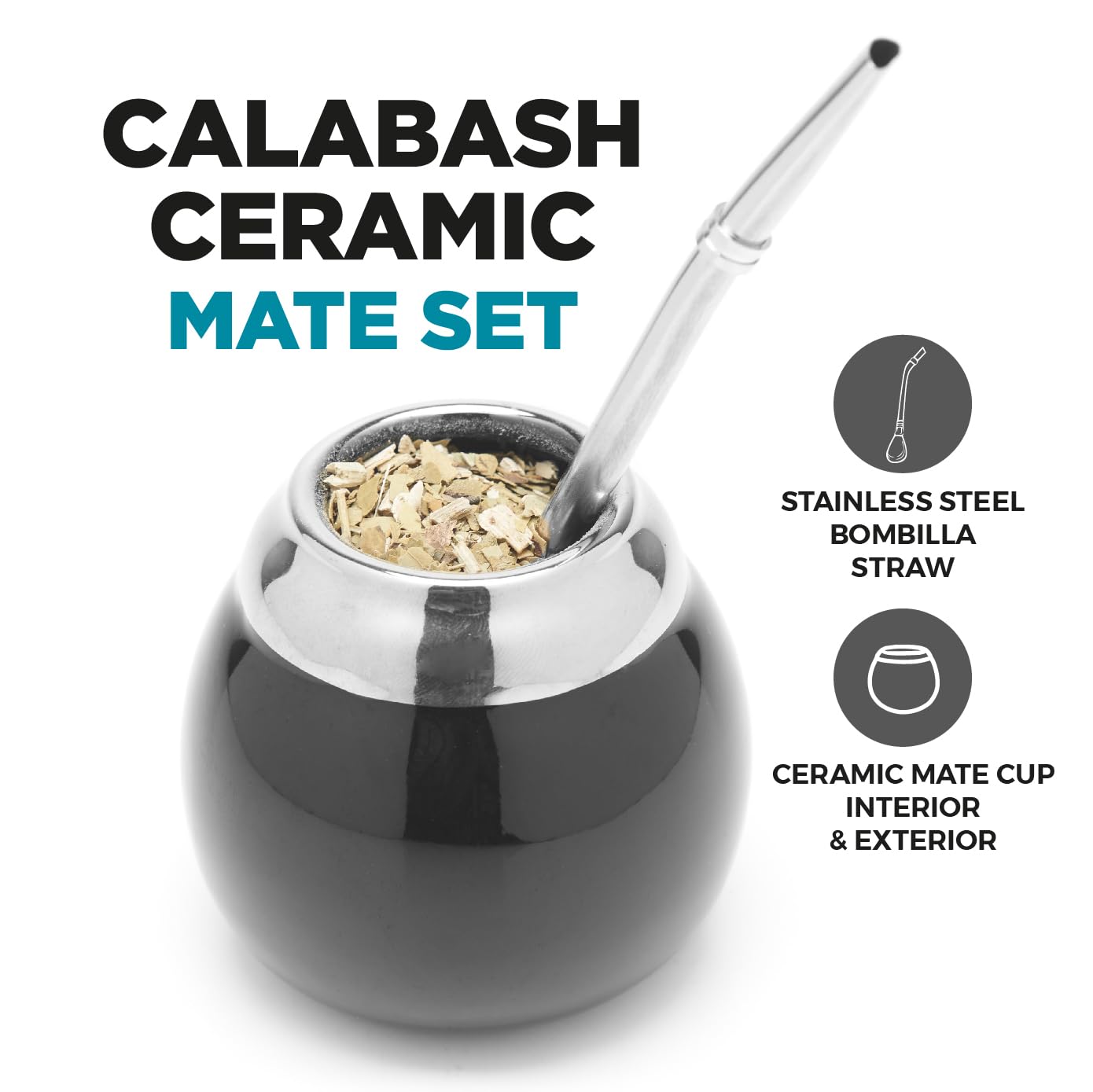BALIBETOV Ceramiczny zestaw kubków Yerba Mate i Bombilla (oryginalny tradycyjny kubek Mate - 189 g) | zawiera 1 słomkę Bombilla (Yerba Mate do użycia) | Ceramika łatwa do czyszczenia (czarna)