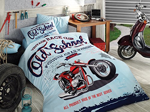Vintage Race Club %100 Cotton Boy's Old School Single Twin Duvet Quilt Cover Set Bedding Linens 3 Pcs