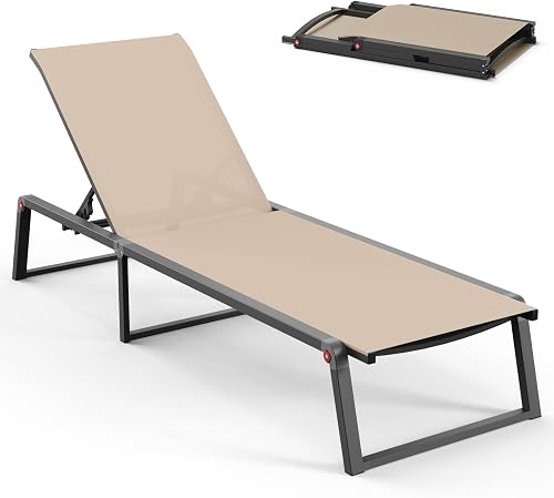 Oasbira Aluminum Chaise Lounge Chair, Foldable Outdoor Patio Pool Lounger with 5-Position Recliner, Khaki