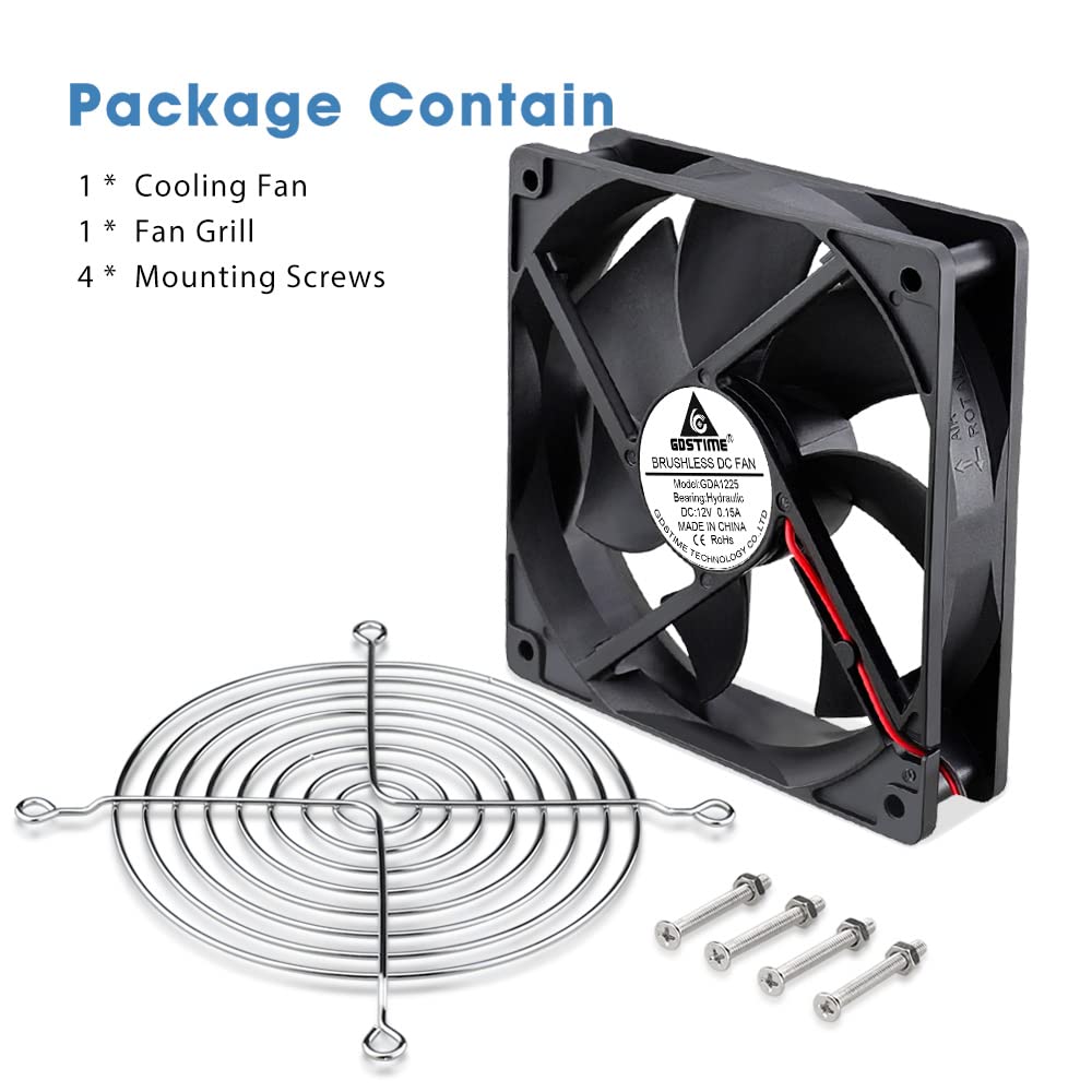 GDSTIME Ventola di raffreddamento assiale, 120 mm x 25 mm, 12 V, 1800 giri/min, ventola per case del computer ad alto flusso d'aria per PC/PSU e chassis, cuscinetto idraulico a 2 pin, lunga durata di