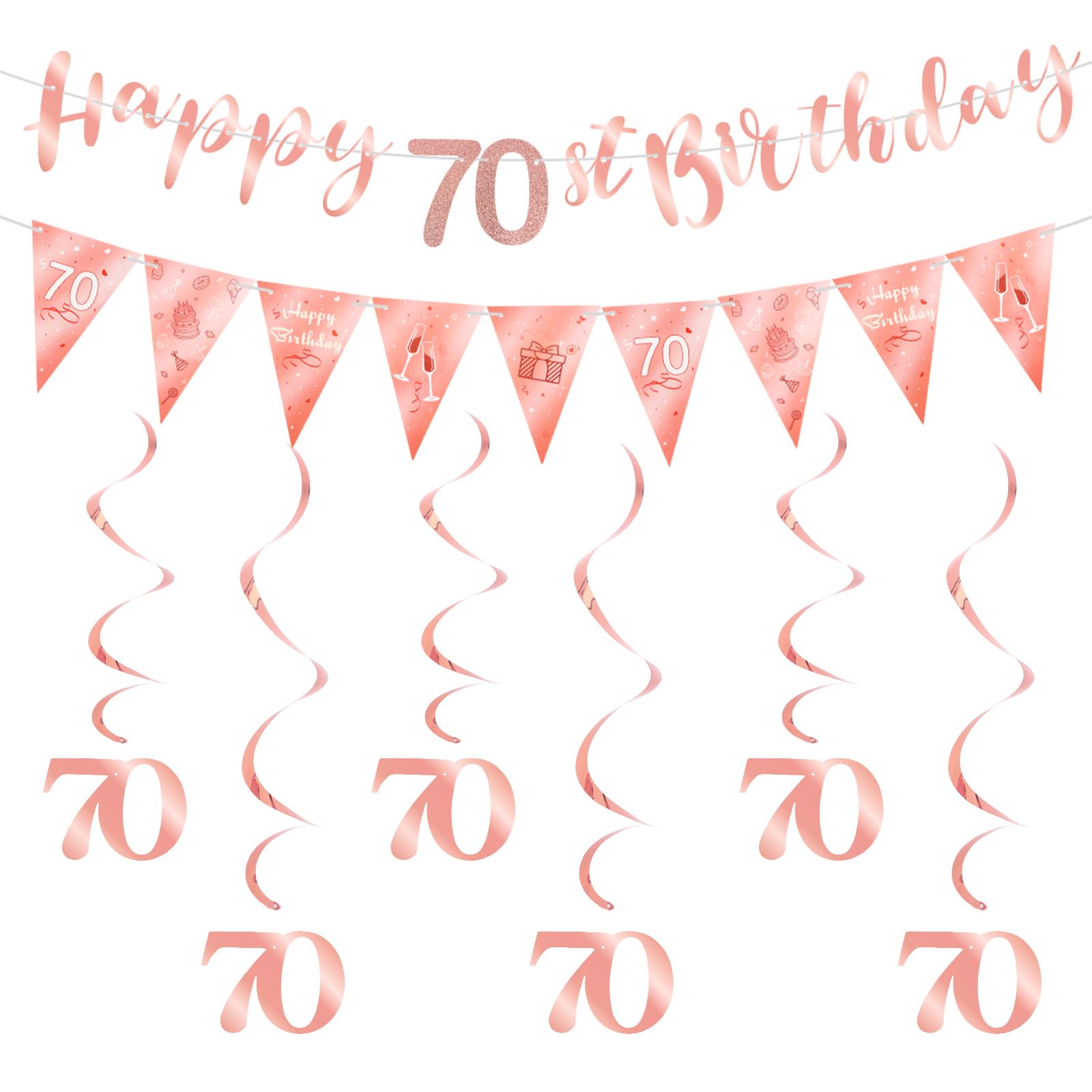 Pruadeor 70 Jahre Geburtstagsbanner Partydekoration für Damen, 70 Geburtstag Deko Spirale Set, 2,1 m Happy 70th Birthday Banner, dreieckige Wimpelkette, Hängespiralen (Roségold)