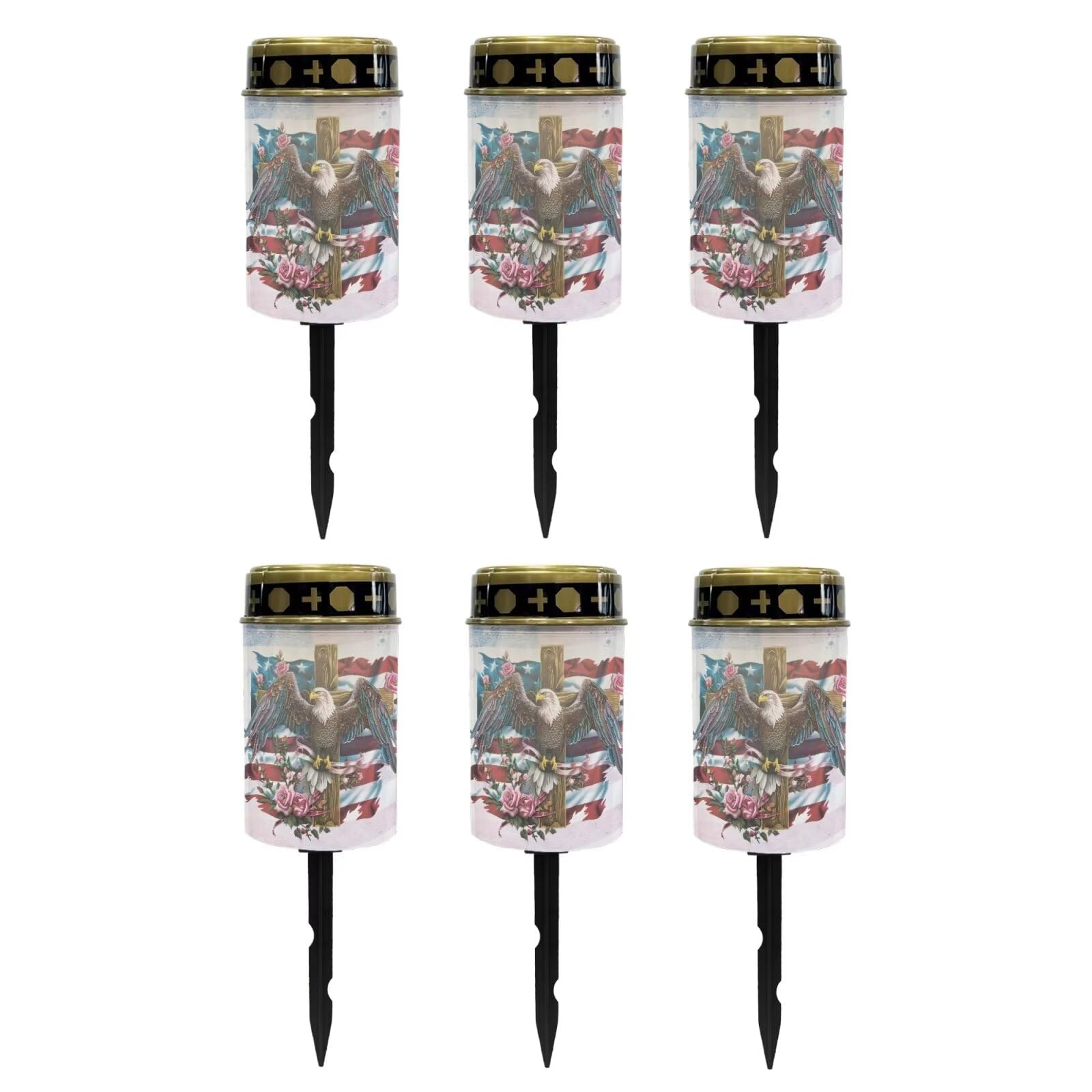 Poceacles Cross Outdoor Lights Solar Powered Flameless Candle Cemetery Votive Candles Waterproof Outdoor Memorial Candle Solar Stake Lights for Grave Cemetery, Eagle American Flag Cross, Pack of 6
