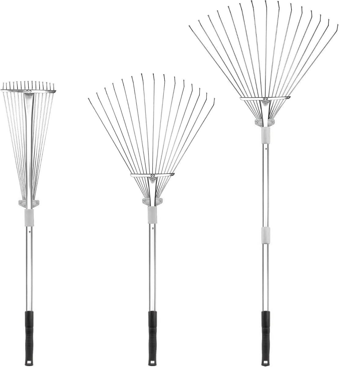 Buyplus Rastrillo de hojas de jardín ajustable – Rastrillo de hojas plegable extensible de metal telescópico de 24 a 63 pulgadas, rastrillos de metal para hojas, rastrillos de jardín para césped, camas de flores, plateado