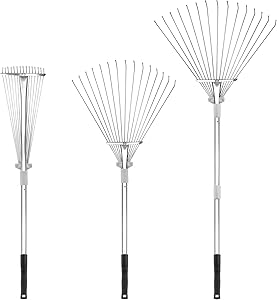 Buyplus Adjustable Garden Leaf Rake - 24 to 63 Inch Telescopic Metal Expandable Folding Leaves Rake, Metal Rakes for Leaves, Yard Rakes for Lawn Yard, Flowers Beds, Sliver