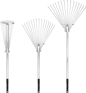 Buyplus Adjustable Garden Leaf Rake - 24 to 63 Inch Telescopic Metal Expandable Folding Leaves Rake, Metal Rakes for Leaves, Yard Rakes for Lawn Yard, Flowers Beds, Sliver