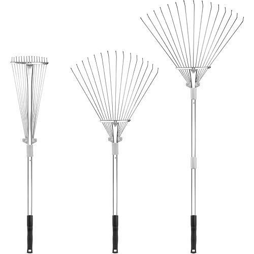Buyplus Adjustable Garden Leaf Rake - 24 to 63 Inch Telescopic Metal Expandable Folding Leaves Rake, Metal Rakes for Leaves, Yard Rakes for Lawn Yard, Flowers Beds, Sliver