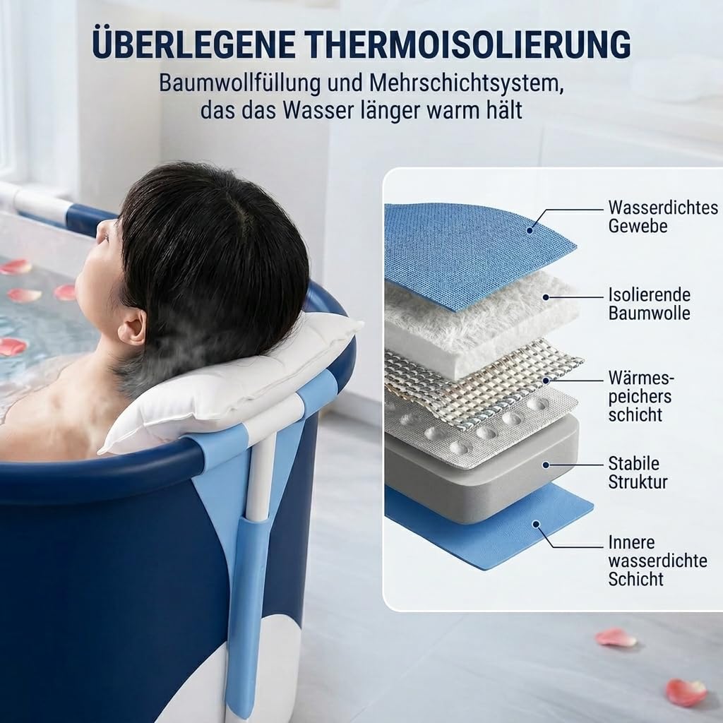 Baignoire pliable pour adulte de 55" - Baignoire mobile avec isolation et coussin confortable - Baignoire pliable pour adultes