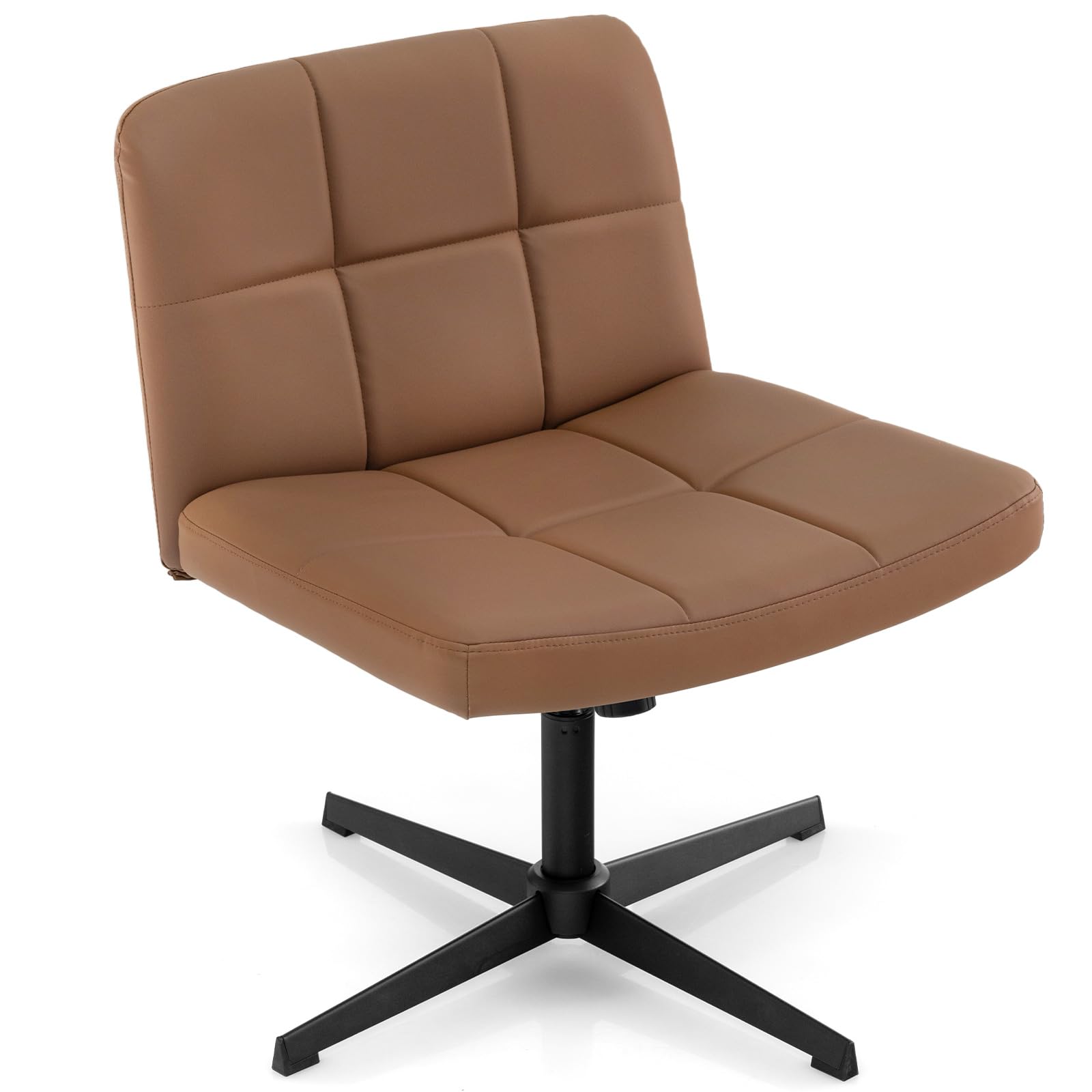 COSTWAY Armless Office Chair, PU Leather Upholstered Cross Legged Computer Desk Chair, Height Adjustable Wide Seat Swivel Vanity Chair for Home Office (no Wheels, Brown) — image 1
