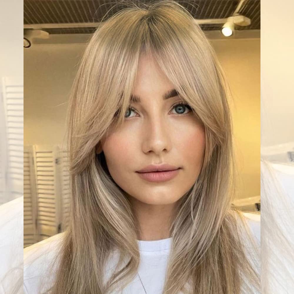 BECUS Long Straight Ombre Brown Roots to Blonde Wig Natural Looking Free Part 22 Inches Heat Resistant Synthetic Fiber Hair Realistic Wigs for Women with Wig Cap